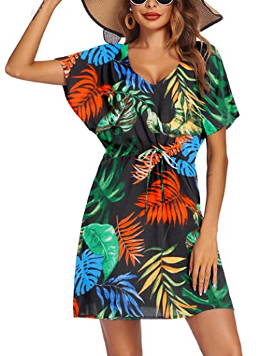 Image of Ekouaer Womens Swimsuit Coverup Short Sleeve Beach Cover Up Dress V Neck Bikini Beachwear