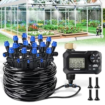 HIRALIY 59FT Greenhouse Misting Drip Irrigation Kit with Water Timer, Quick Connector Design Garden Watering System, Automatic Irrigation System with Tubing, Nozzles for Hanging Plants, Raised Bed