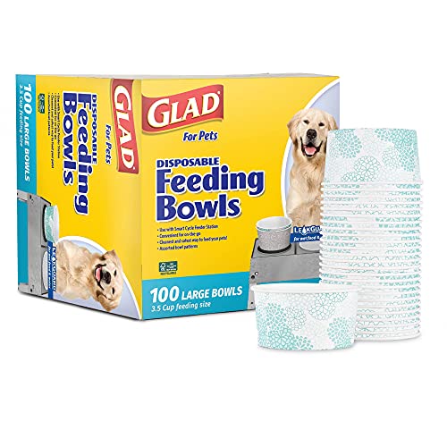 Glad for Pets Disposable Feeding Bowls | Large Disposable Dog Bowls | Dog Food Bowls Made from Recyclable Material in Teal Pattern | 3.5 Cup Feeding Size, 100 Count
