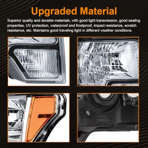 Image of Headlight Assembly for 2009-2014 Ford F150 Driver Left & Passenger Right Side Replacement Chrome Housing Amber Reflector