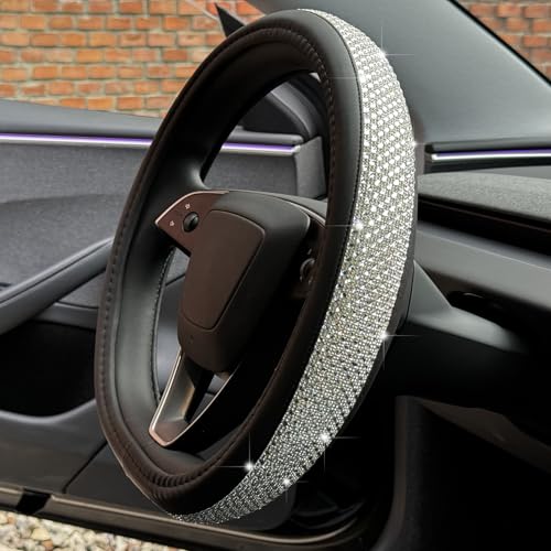 PINCTROT Bling Comfy Steering Wheel Cover for Tesla Model Y / 3, D Shaped 14 Inch Small Sized with Jumbo Crystal Rhinestones, Flat Bottom with Anti-Slip Diamond Leather (Silver)