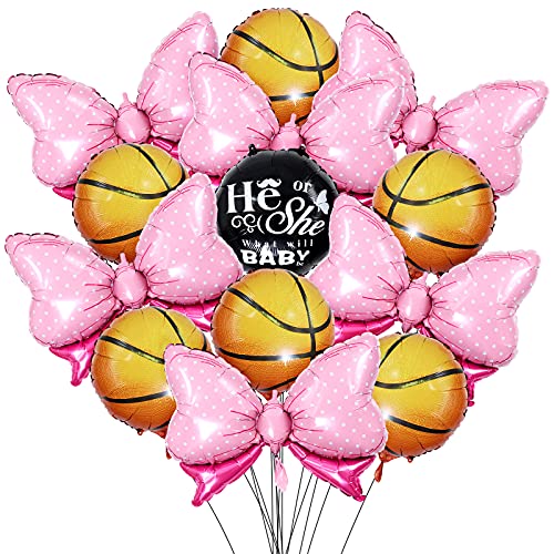 Gender Reveal Party Foil Balloon Pink Bowknot Basketball Party Balloos He Or She Boy Or Girls Gender Reveal Balloons Decorations 13pcs For Birthday Party Baby Shower