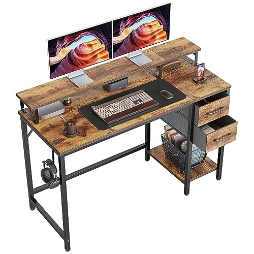 CubiCubi Computer Desk with Drawers, 47 Inch Reversible Office Desk with Monitor Stand and Storage Shelves, Work Writing Study Desk Table for Home, Rustic Brown