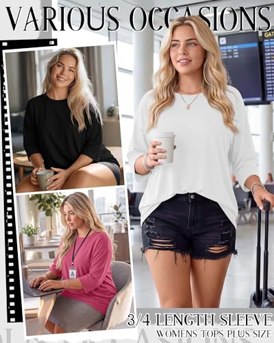 Image of Locoowai 3 Pack Women Plus Size Tops 3 /4 Sleeve Cotton Crew Neck Oversized T Shirts Loose Fit Tee Tunic Casual Blouse