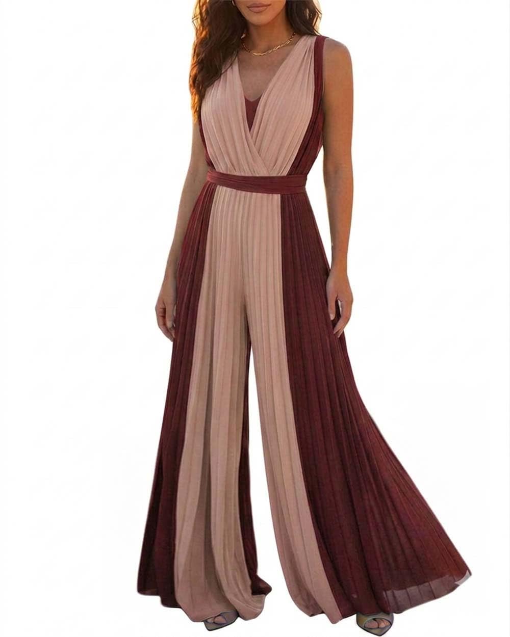 Women's Sleeveless Color-Blocked Jumpsuit Casual Plunge V Neck Waist Tied Detail Pleated Romper-image-19