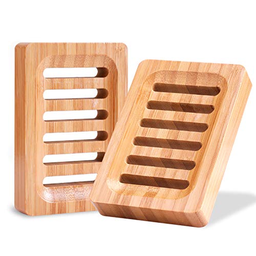 QXUJI 2 Pack Bamboo Wood Soap Dish Holder, Rustic Bamboo Soap Dish, Bar Soap Tray, Sponge Holder, Bar Soap Saver Case for Shower Bathroom, Kitchen, Sinks and Counter Top