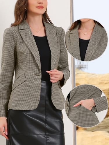 Allegra K Plaid Business Blazer for Women's Houndstooth Lapel Collar One Button Work Office Suit Jacket2