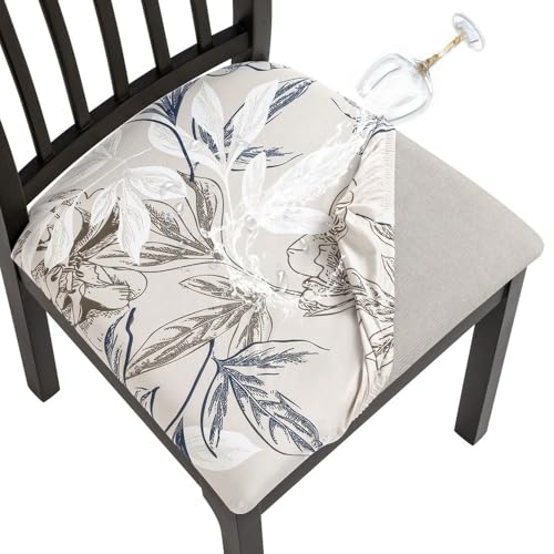 Image of SearchI Waterproof Seat Covers for Dining Chairs, 6 Pack Stretch Dining Room Chair Seat Covers, Kitchen Chair Seat Covers Protectors(Beige and Blue Flower)