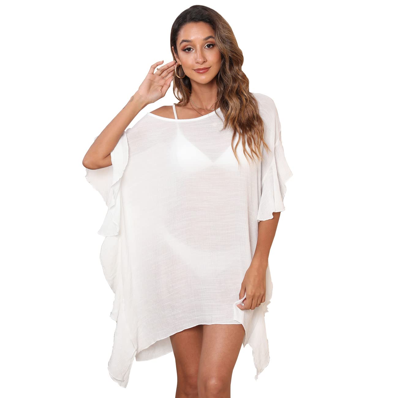 RPAEOY Vestido de Playa para Mujer Volantes Algodón Suelto Ropa de Baño Playa Traje de Baño Vestido de Bikini Camisolas y Pareos Sexy Beach Bikini Cover up