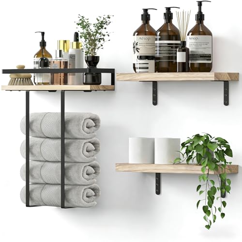 Handtuchhalter Wand, GUIGUZI Schwarz Handtuchregal Badezimmer Handtuchhalter aus Metall mit Holzablage, Gästehandtuchhalter Set mit Zwei wandregal Badezimmer