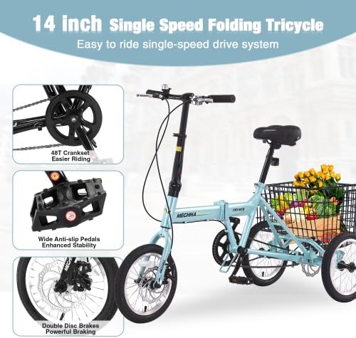 Folding Tricycle for Adults, 14 Inch 3 Wheel Bikes for Adults with Basket, 95% Pre-Assembled Collapsible Steel Frame 200 LBS Capacity