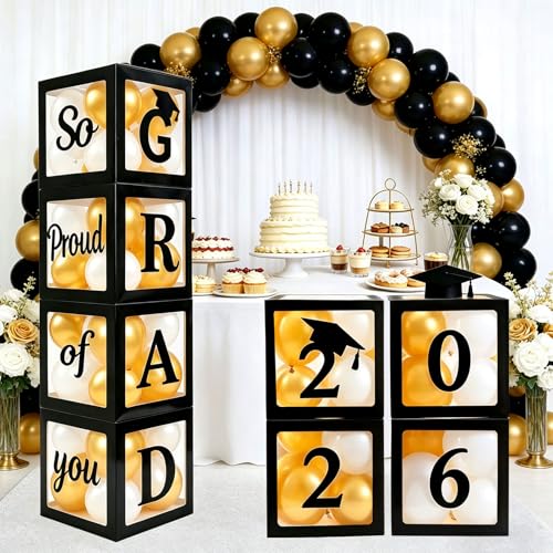 Graduation Decorations 2026 Set of 4 Boxes with 20 Balloons and Letters 2026 GRAD So Proud of You Class of 2026 Party Supplies for High School and College Celebrations