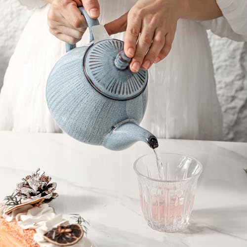 Image of HVH 40 oz Porcelain Teapot with Stainless Steel Infuser, Ceramic Tea pot with Infuser for Loose Tea, Enough For 6 Cups, Striped Series (Wabi sabi)