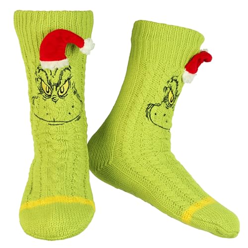 Bioworld Dr. Seuss GRINCH Adult Sherpa Lined Grinch Face Santa Hat Sweater Knit Slipper Socks For Men and Women