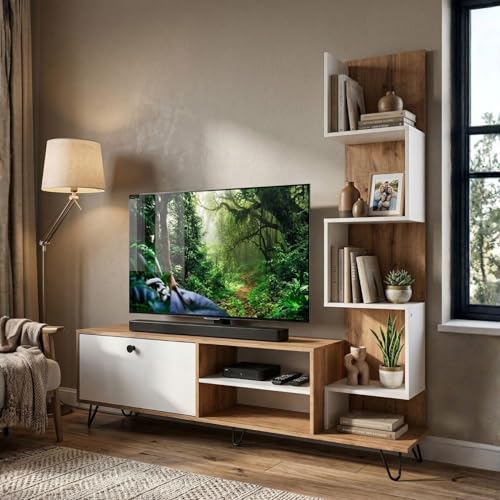 Image of FFO Modern TV Unit with Storage & Display Shelves | Wooden Entertainment Center with Drawer & Open Rack | Industrial Metal Legs TV Stand for Living Room (Coach Wood. & White Finish) DIY.