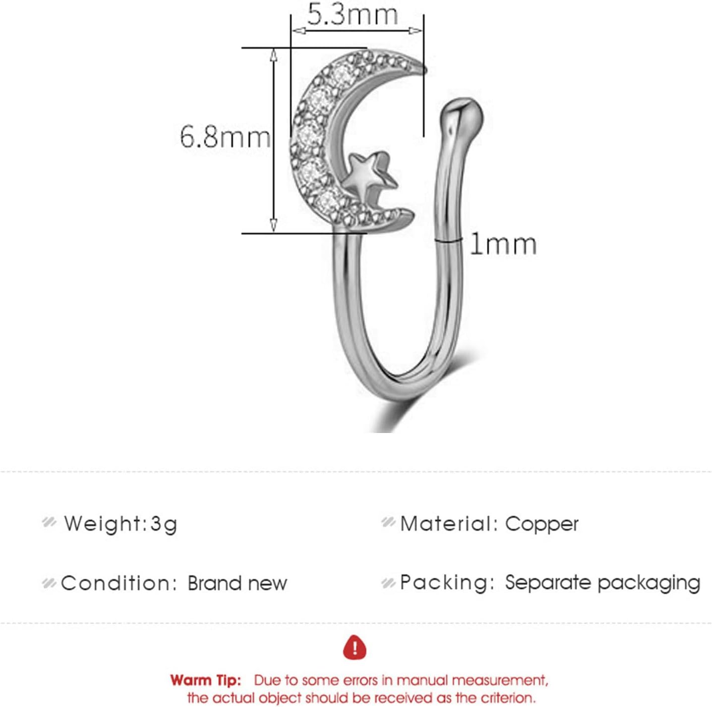 CZ Fake Nose Ring for Women Gold Moon Star Septum Nose Rings Indian U Shaped Clip on Nose Cuff Faux Diamond Moon Star Bendable Nose Ring Stud Non Piercing Body Halloween Jewelry