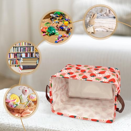 Image of Strawberry Storage Basket Waterproof Canvas Toy Storage Bin Strawberry Shortcake Room Decor Collapsible Outdoor Basket with Leather Handles Blanket Baskets For Closets,Bedrooms,Gifts Baskets