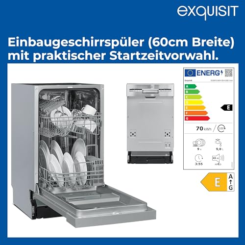 Exquisit START Einbaugeschirrspüler 45 cm, Teilintegriert, 9 Maßgedecke, 9 Liter, Startzeitvorwahl, ECO-Modus, EGSP51009-EB-030E inox