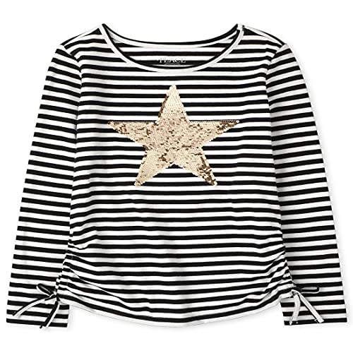 The Children's Place Girls' Long Sleeve Flip Sequin Star Graphic Striped Cinched Top