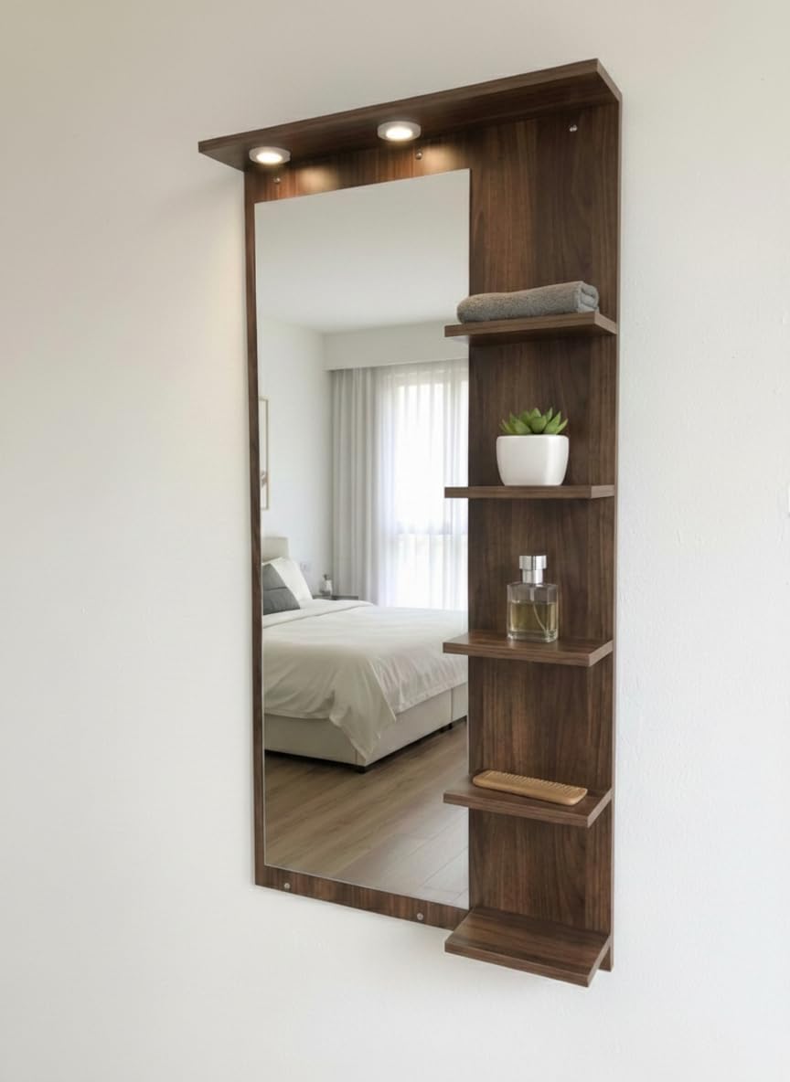 Full Length Wall Mounted Dressing Mirror with Side Shelves and LED Lights, Wooden Frame, 122 x 60 cm, Brown-image-30