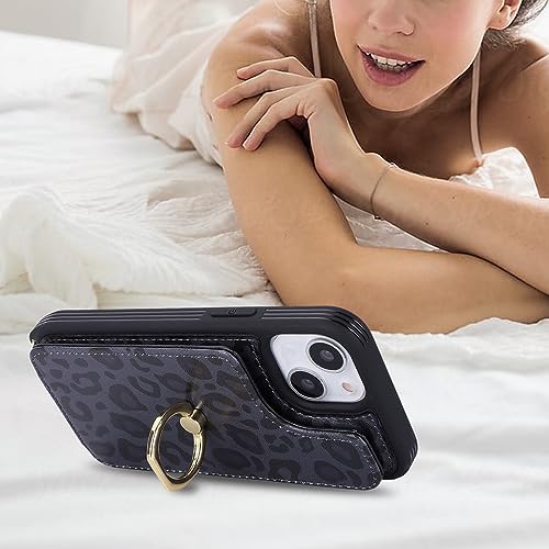 Image of for iPhone 13 Mini Case with Card Holder and Strap for Women,Crossbody Lanyard,Kickstand Ring Stand,Snap Clasp,RFID Blocking,Cute Phone Wallet Cases 5.4 inch(Black Leopard)