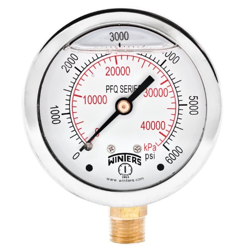 Image of Winters 2-1 /2 inch Dial Size, Liquid Filled Industrial Pressure Gauge, Brass Internals, Stainless Steel Case, Dual Scale 0-6,000 psi /kPa, 1.5% Acc, 1 /4 inch NPT Bottom Mount, Glycerin Filled Pressure Gauge