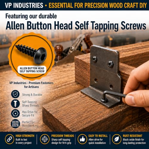 Image of By inchVP INDUSTRIES inch (Pcs-25) No.12x50 mm Allen Button Head Self-Tapping Screw - Black Zinc, Button Cap Head for Furniture, Crib, Bunk Bed, Cot, and Bolt Assembly