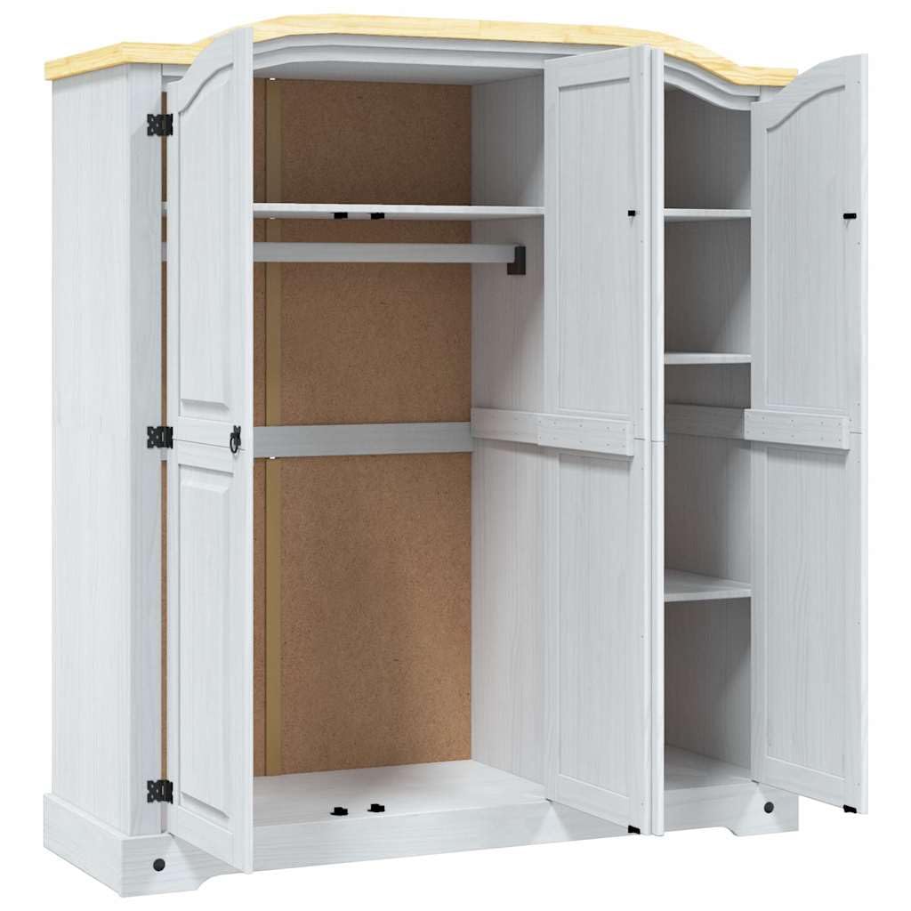 Szafa na ubrania z litego drewna sosnowego w stylu meksykańskim, biała z brązowym blatem, 3 drzwi, 151 x 52 x 170 cm, drążek na ubrania, półka wkładana, miejsce do przechowywania do sypialni