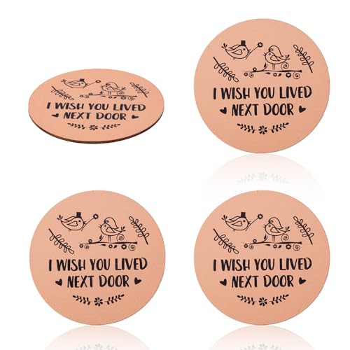 4pcs Wooden Drink Coasters, 4 Inch Round Wood Cup Rustic Coasters I Wish You Lived Next Door Housewarming Mat Gifts for Kinds of Cups Coffee Beverage Table Bar Home Office