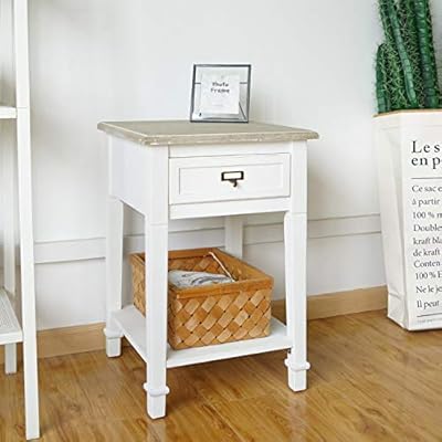kinsuite White Side Table with Drawer and Storage Shelf Wood End Table Nightstand for Living Room Bedroom 51kMi JEriL. SS400