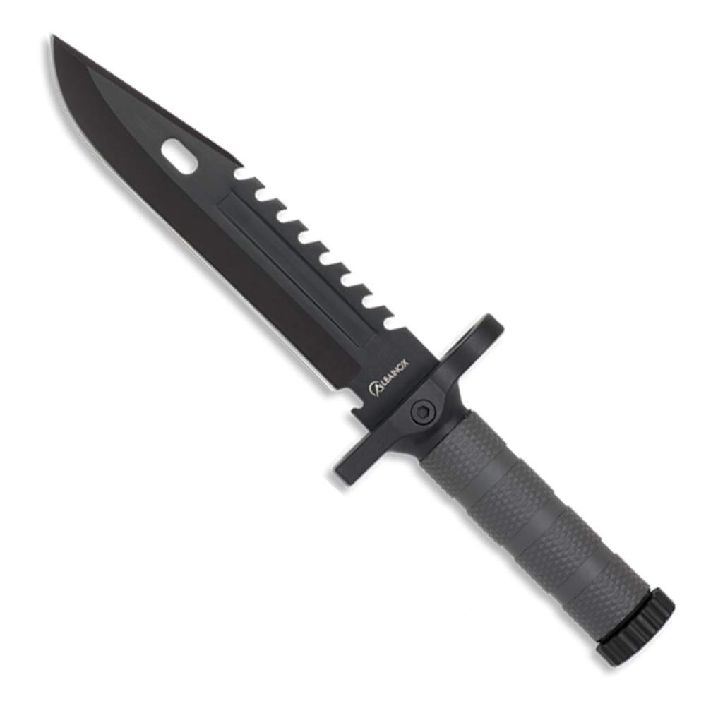 Albainox - 32537, Coltello nero con selce, affilatrice e bussola, lama da 19 cm, Manico in ABS per la casa, la pesca, il campeggio, l'outdoor, la sopravvivenza e il bushcraft