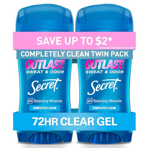 Secret Outlast Antiperspirant Deodorant for Women, 72hr Sweat & Odor Protection, PH Balancing Minerals, Pro-Hyaluronic Acid, Clear Gel, Completely Clean Scent, 2.6 oz (Pack of 2)