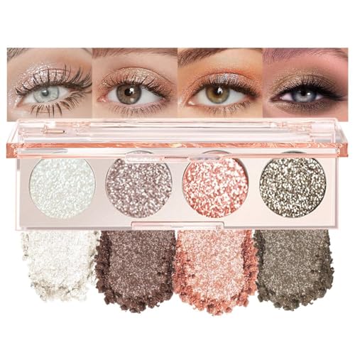 Image of Shiny Shimmer Highlight Eyeshadow Palette, Cream Sparkling Glitter Metallic Powder Quad, Day to Night Champange Gold Silver Brown White Smoky sombras de ojos, Party Cosmetics (Cowherd-Shimmer-01#)
