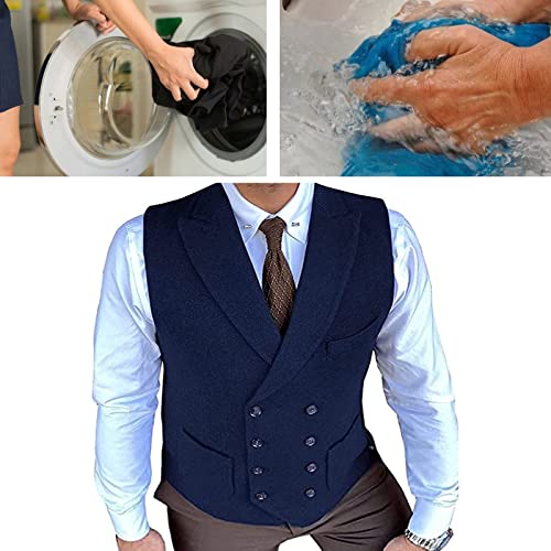 Men's Herringbone Tweed Waistcoat Vintage Lapel Double Breasted Suit Vest for Business Wedding (Color : Navy, Size : XX-Large)4