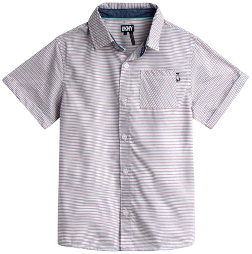 Image of DKNY Toddler Boys 2 Piece Button Down Shirt and Denim Shorts Set | Woven Short Sleeve Shirt With Matching Pull On Denim Shorts, Breezy Lightweight Comfort for Everyday Summer Play