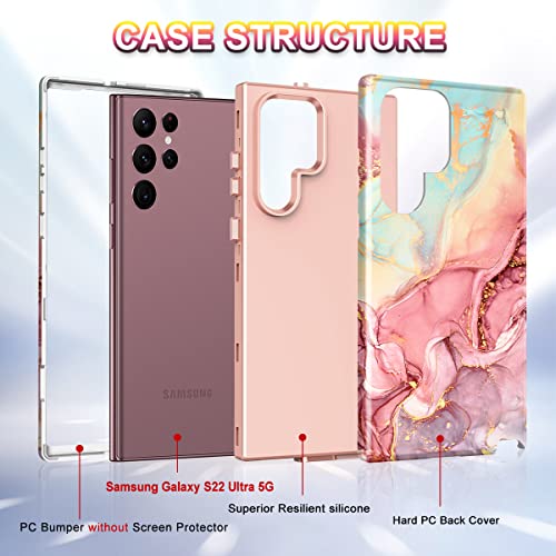 Btscase Etui do Samsung Galaxy S22 Ultra 5G, marmurowy wzór 3 w 1, wytrzymałe, odporne na wstrząsy, cały korpus, wytrzymały twardy PC + miękki silikon, ochronne, dla kobiet, dziewcząt, różowe złoto