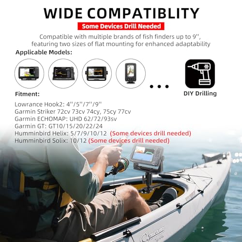 Image of HITORHIKE Kayak Fish Finder Mount with Transducer Arm Options Holds up to 9 inch Electronics Compatible with Garmin Lowrance Humminbird(Side Track Mount Base Set)