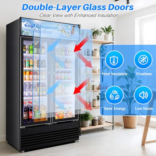Image of Commercial Display Beverage Fridge, 40″ Double Glass Door Refrigerator, 28.1 Cu.Ft Large Capacity with 8 Adjustable Shelves, Upright Cooler for Shop, Bar & Restaurant