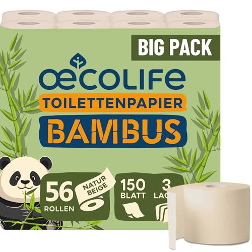 œcolife Toilettenpapier Bambus, 56 Rollen à 150 Blatt, 3-lagig, superweich, von Dermatest geprüft, nachhaltiges Klopapier, sanft zur Haut, beiges Papier