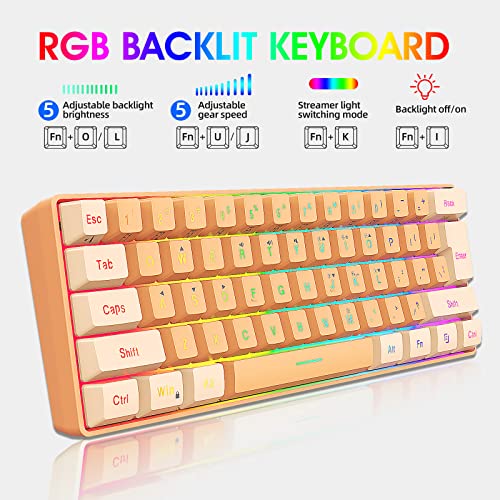 Image of Snpurdiri 60% Wired Gaming Keyboard, RGB Backlit Ultra-Compact Mini Gaming Keyboard for PC /Mac Gamer, Typist, Travel (Cream and Orange)