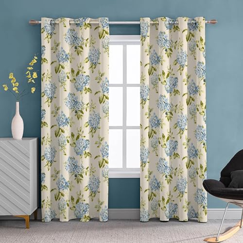 Image of THE LINEN COMPANY Cotton Duck Canvas Curtains 6 Feet Long, Printed Floral Curtains for Door & Window, 6ft Set of 2, Flower Heaven Blue