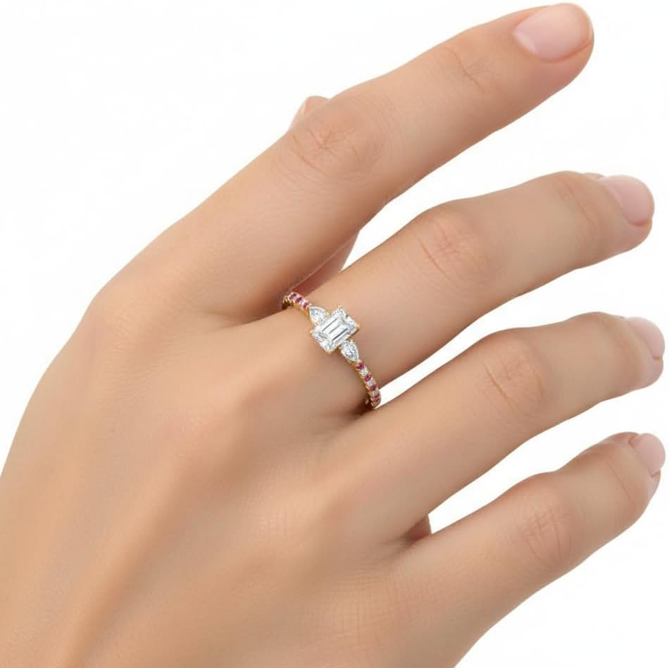 Choose Your Gemstone Pear 3 Stone Cathedral Diamond CZ Ring Yellow Gold Plated Radiant Shape Petite Engagement Rings Minimal Modern Design Birthday Gift Wedding Gift US Size 4 to 12