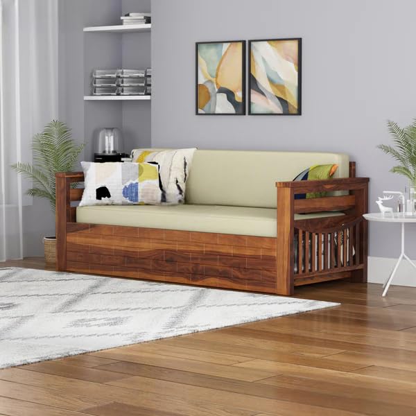 Image of Sheesham Wooden Sofa Cum Bed for Living Room with Side Pocket Storage - 3 Seater Sofa Cum Bed with Storage - 3 Person Sofa Cuma Bed Wooden with Premium Cushion Seating (Honey Finish)