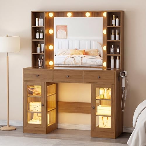 Image of Wodeer Makeup Vanity Desk with Mirror and Lights, Vanity with Glass Top, LED Lights & Power Outlet, 3 Drawers & 2 RGB Glass Cabinets, Adjustable Lighted Dressing Table for Women & Girls Bedroom,Walnut