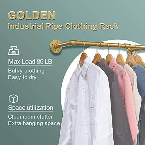 Wall mounted Hanging Rail for Clothes, Modern Golden Iron Rod Garment Bar 70 cm, 27 inch Heavy Duty metal clothing rack for Home and Boutique, Max load 55 kg