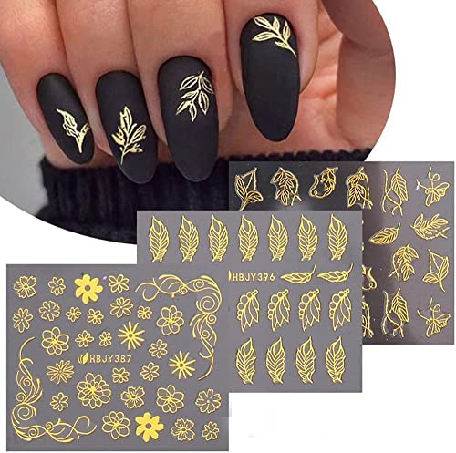 Gold Nail Art Stickers 3D Self Adhesive Flowers Nail Decals Golden Floral Leaf Line Nail Decorations Supply Floral Nail Stickers For Women Girls 12 Style #TOP1