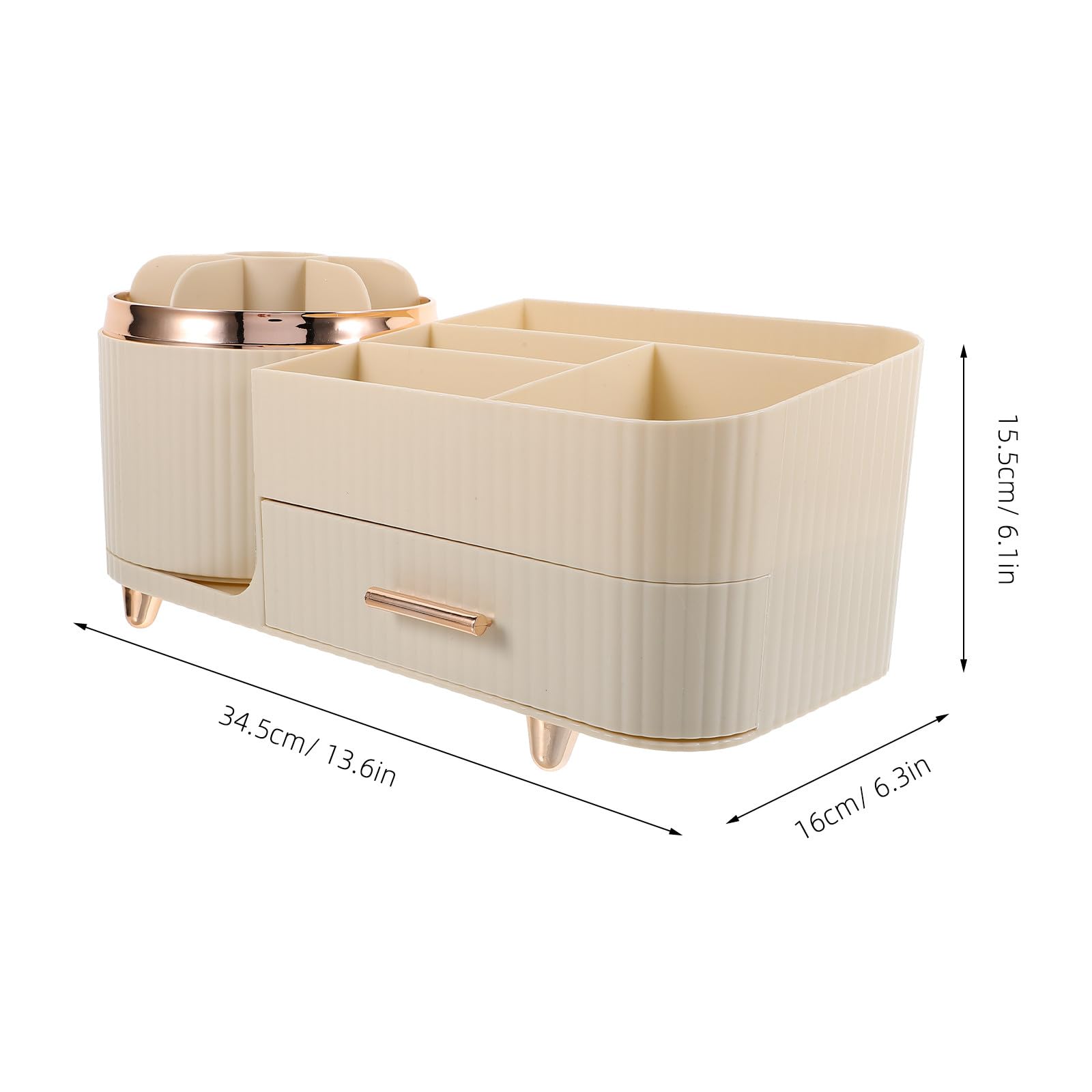 Soporte giratorio para brochas de maquillaje, organizador de maquillaje con compartimentos y práctico cajón, plástico beige, diseño elegante y elegante para almacenamiento de encimera de