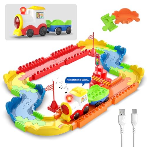 Image of Mirana Block Rider Toy Train Set with Colorful & Multiple Track Layout, USB Rechargeable Type-C Engine, Various Sound Modes - Vande Bharat, Rajdhani, Delhi Metro, Kids 2-8 Years (Basic- 47 Pcs)