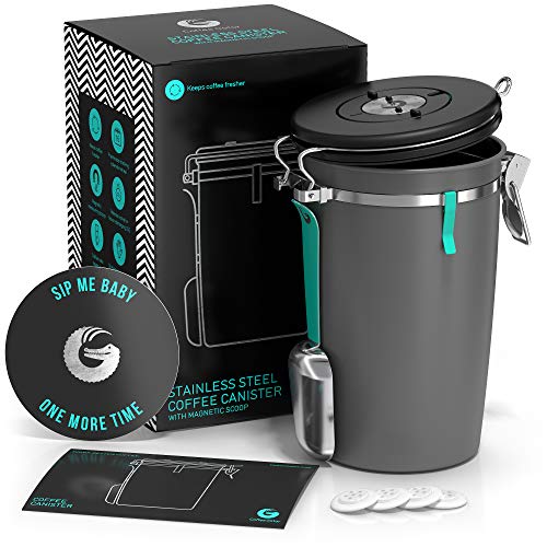 Beans and Coffee Grounds Container – New 2020 Model Coffee Gator Stainless Steel Canister – CO2 Release Valve, Magnetic Scoop Attachment and Bag-Saver Clip – Holds 22oz Beans, 64floz Capacity