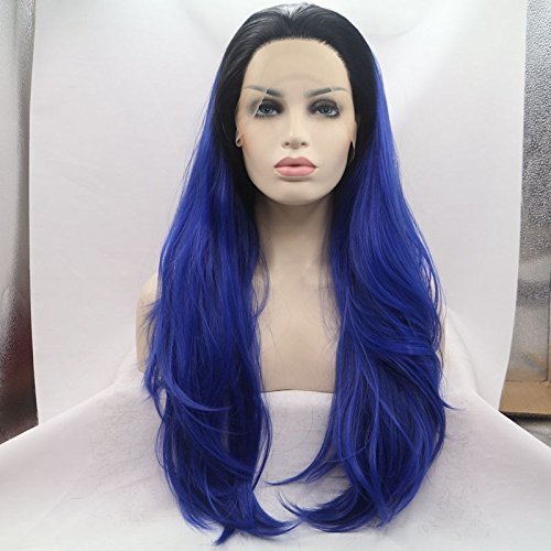 Dark Roots Ombre Blue Two Tone Long Straight Synthetic Lace Front Wig For Women Heat Resistant Fiber Drag Queen Wig